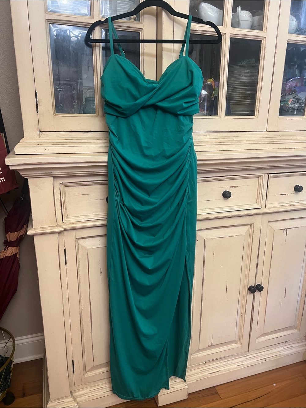 Teal Twist-Front Midi Dress with Spaghetti Straps - Picture 2 of 10